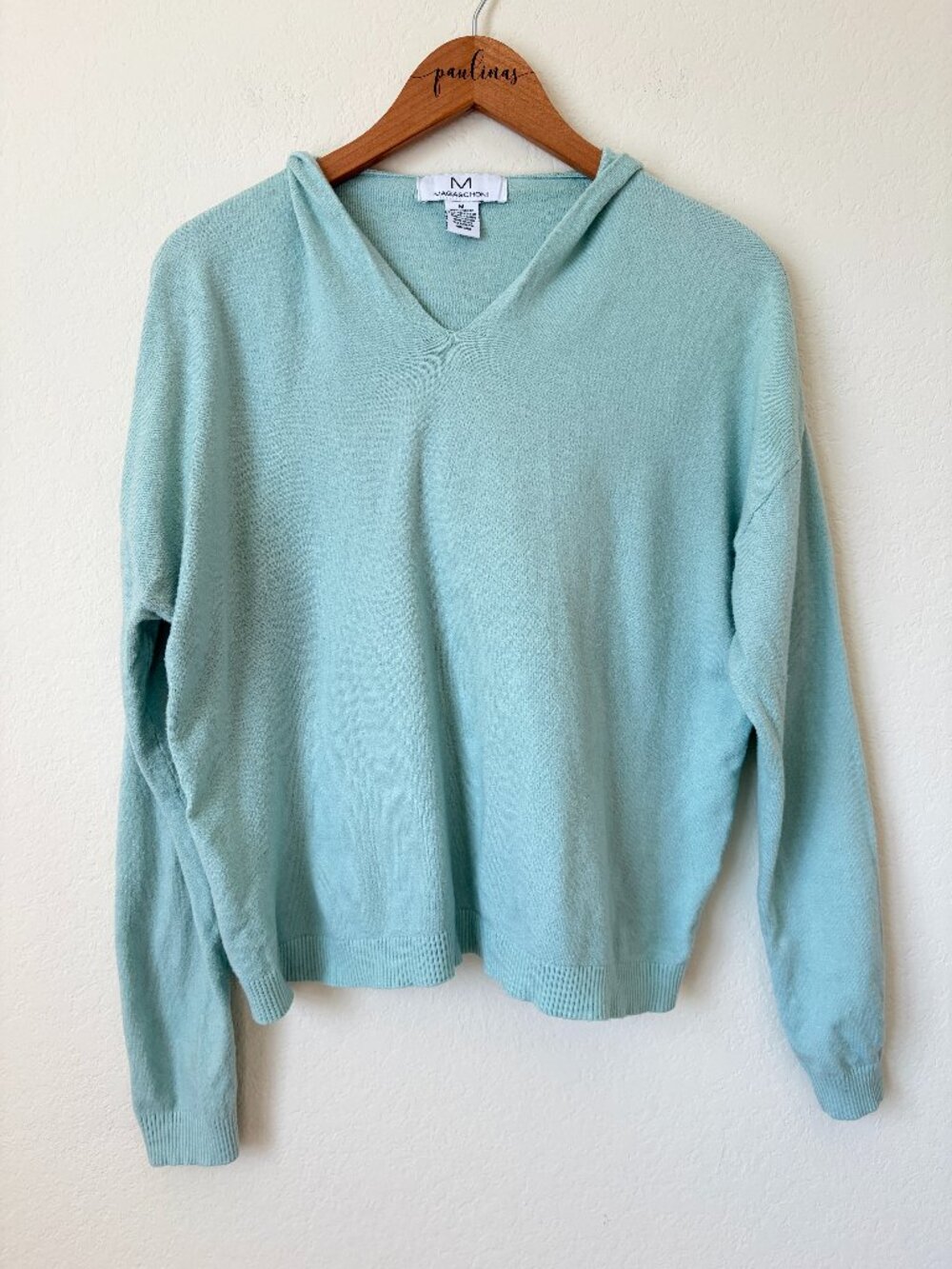 Magaschoni Top Womens Medium Hooded Seafoam Blue Knit Soft Pullover Sweater M